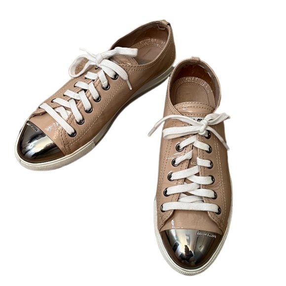 Miu Miu Tan Patent Leather Metal Cap Toe Sneakers Size 36 (US Size 6) - Picture 10 of 15